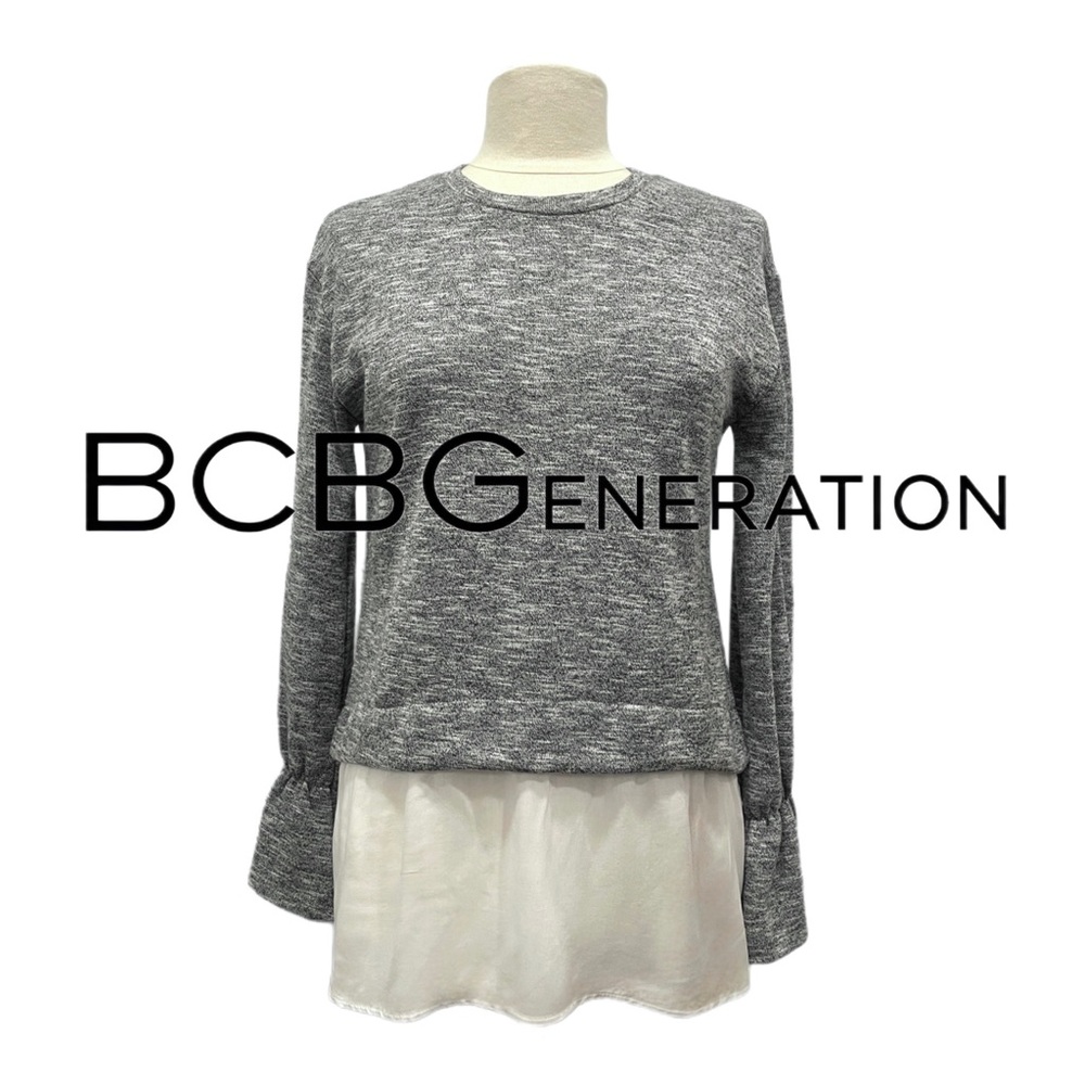 BCBGENERATION Heather Gray & White Mixed Media Long Sleeve Ruffle Cuff Blouse